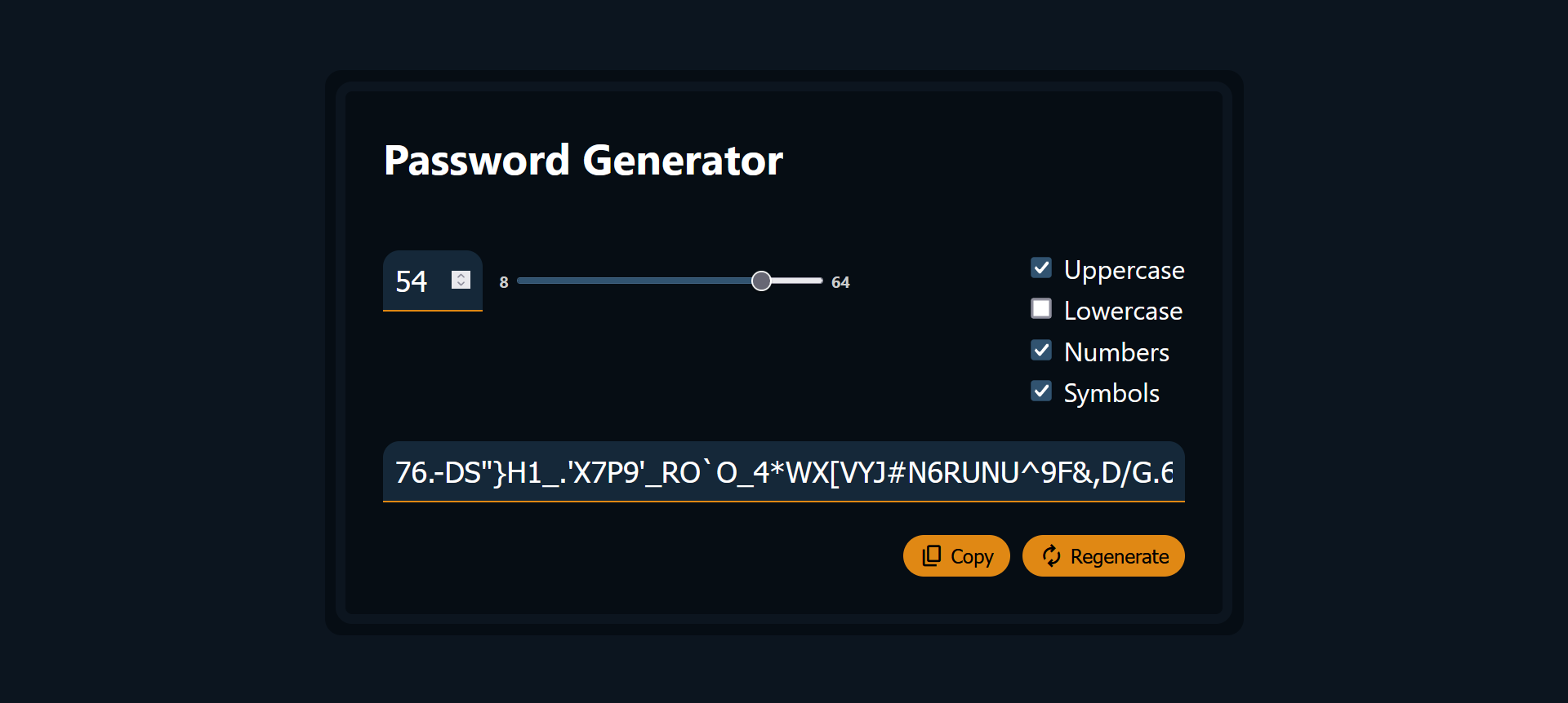 Screenshot of the password generator web app